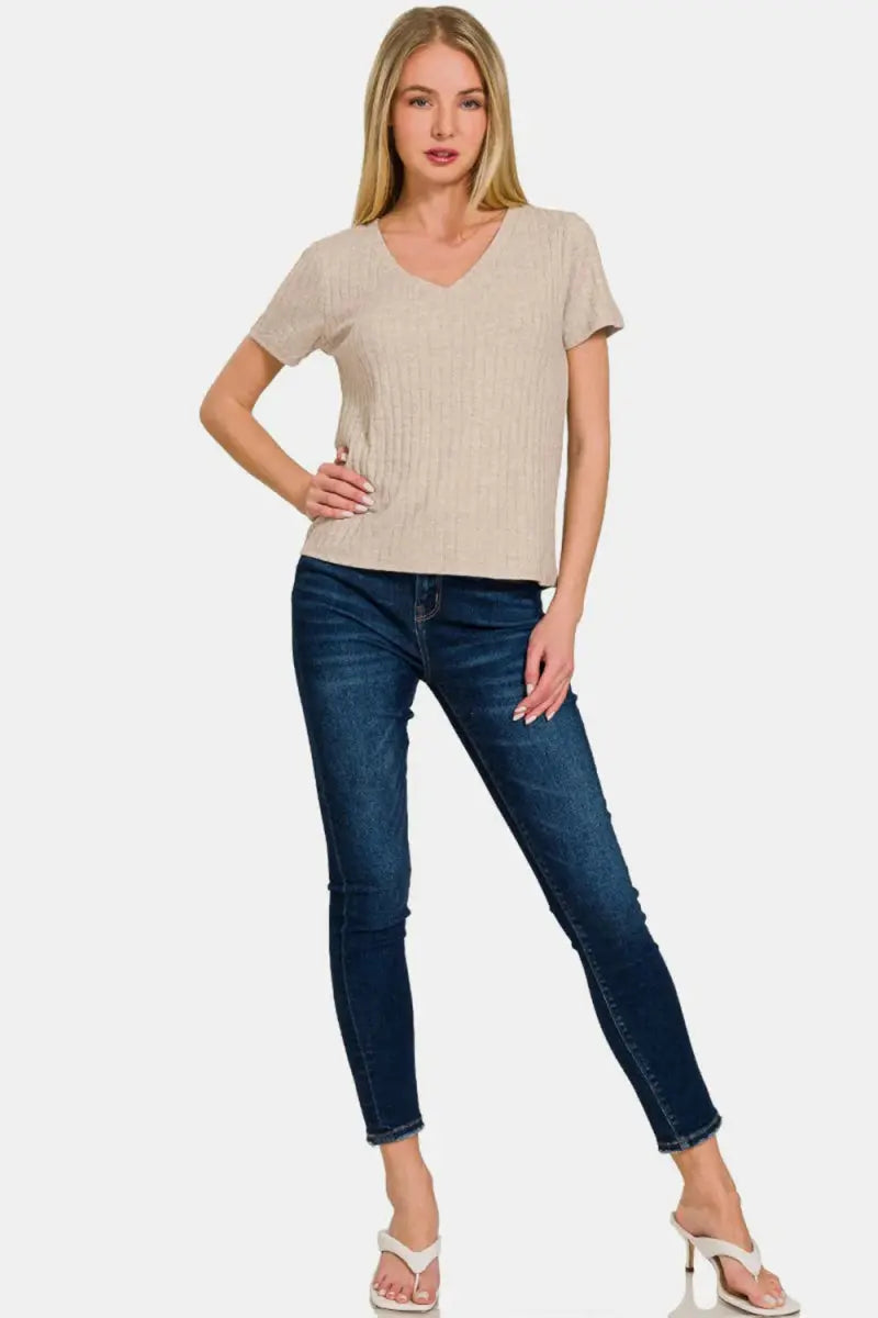 T-Shirts Trendsi Ribbed Tee Women's Casual Wear Short Sleeve T-Shirt Soft & Comfy