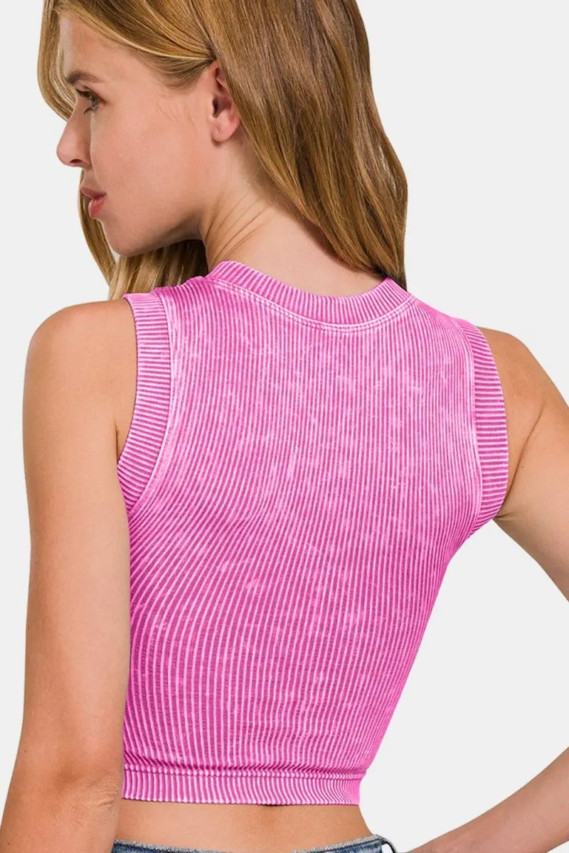 Ribbed Crop Top - Seamless Bra Pad Support - Casual Tank